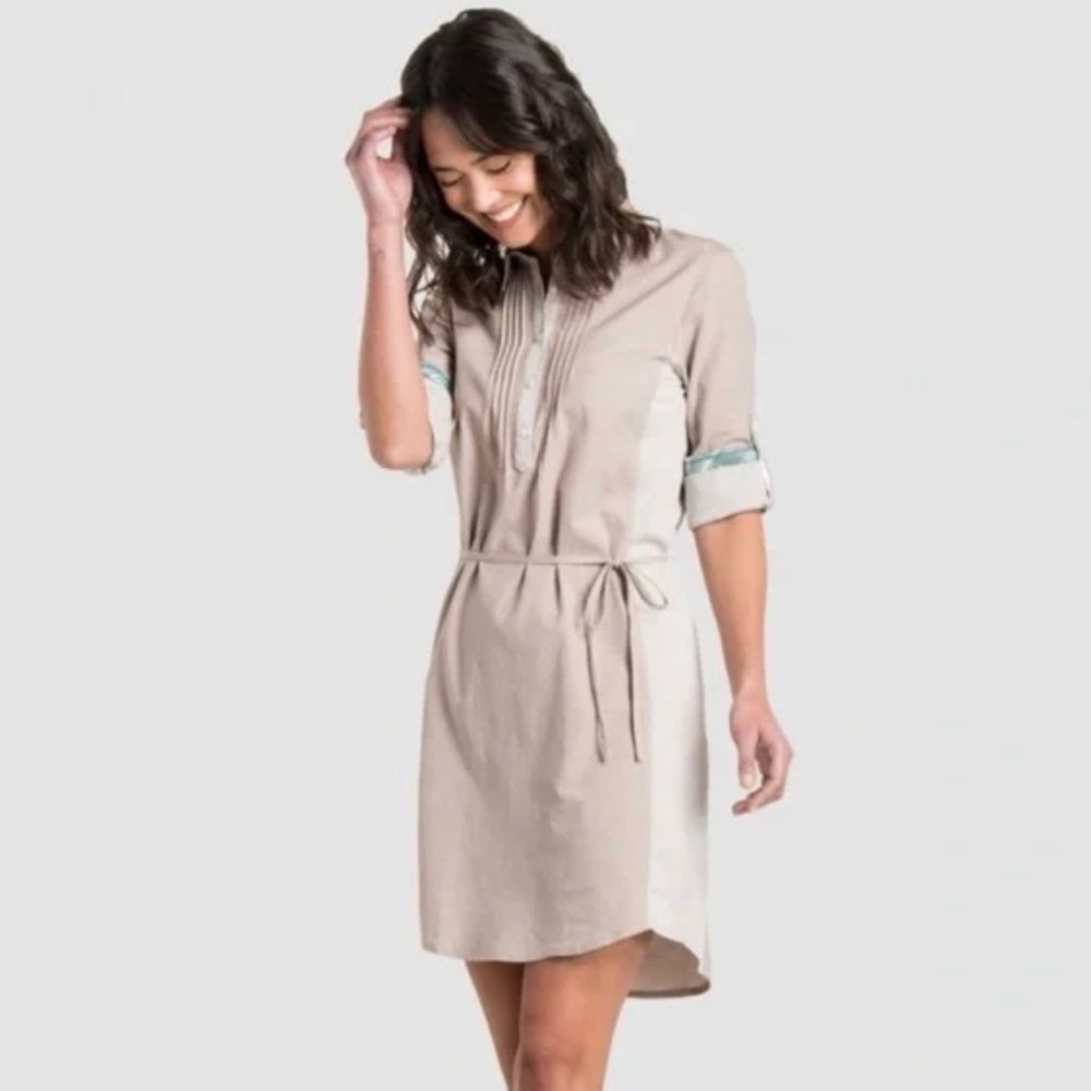 Kuhl Kiley Shirt Dress Organic Cotton Blend Birch/Plaid Trim no Belt Medium